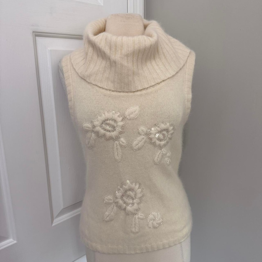 Y2K CREAM CACHÉ SEQUIN FLORAL COWL NECK SWEATER